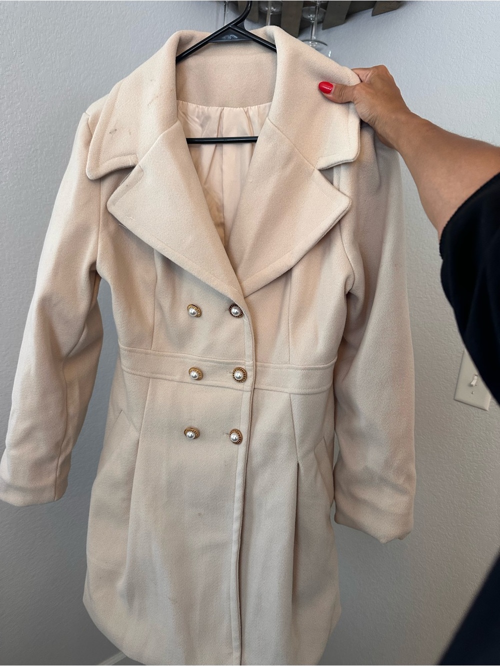 Womens Cream Double-Breasted Wool-Blend Coat
